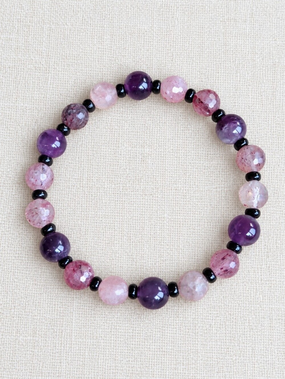 Amethyst & Strawberry Quartz Beaded Stretch Bracelet | Handmade
